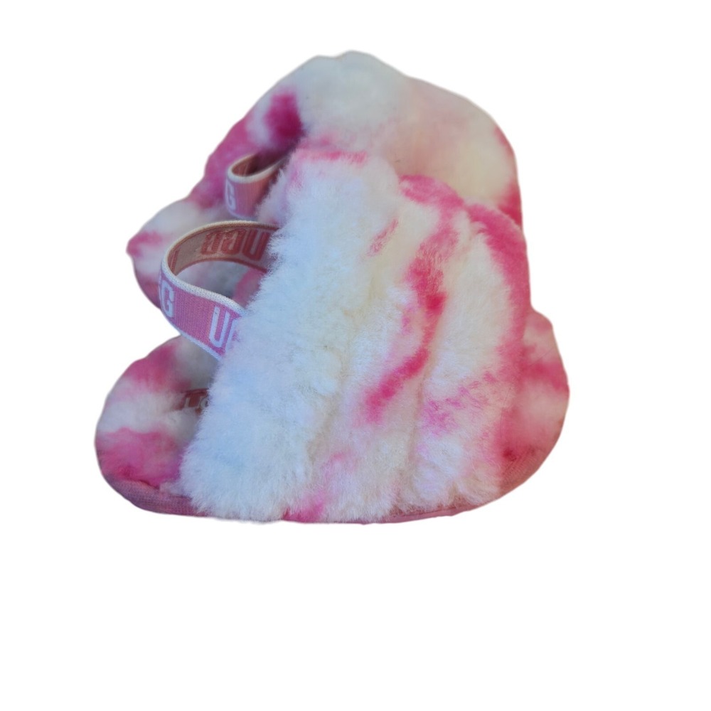UGG Fluff Yeah Kids 2/3 Pink Tie Dye Fuzzy Fur Slingback Slides Sandals